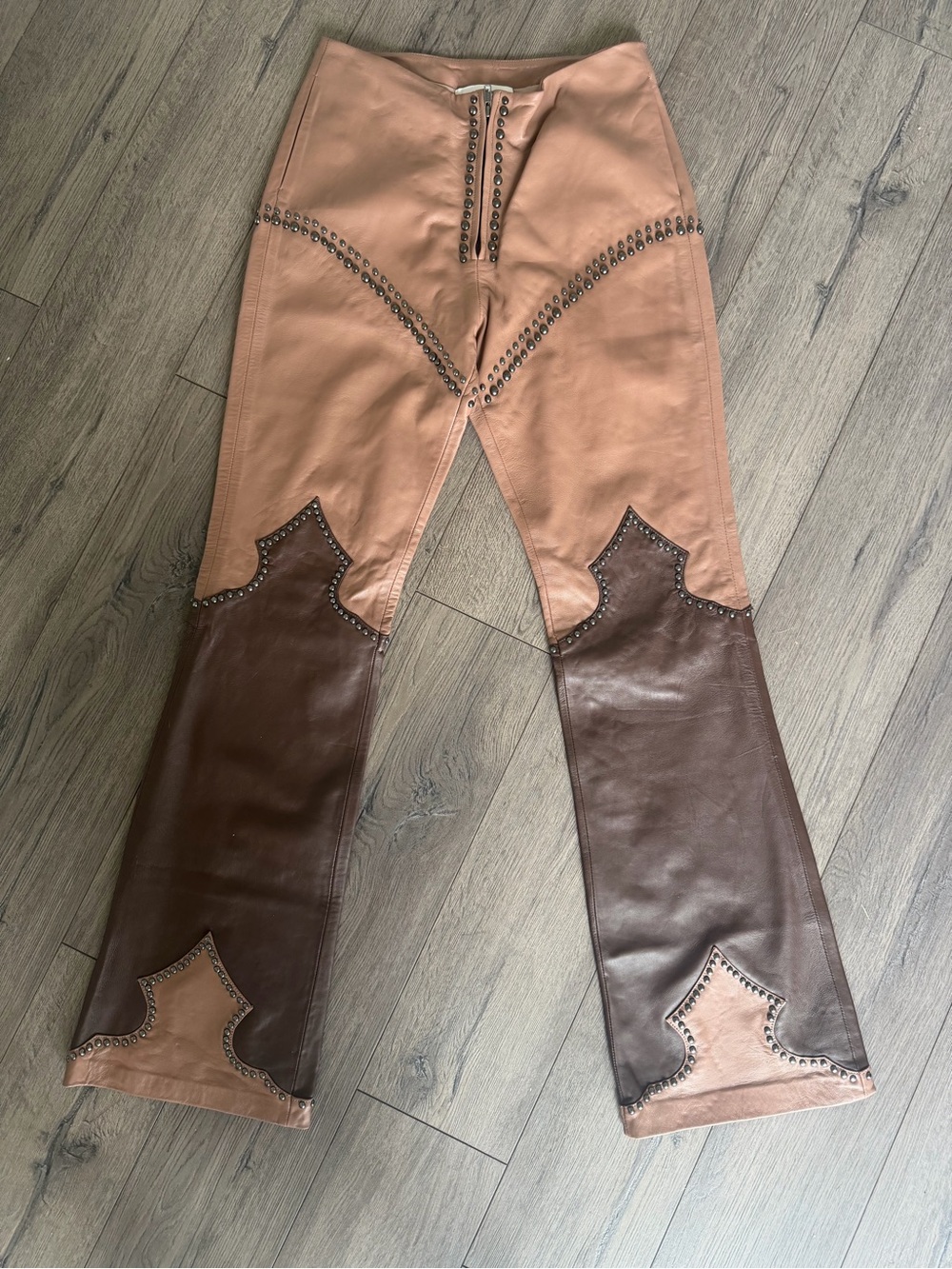 Two-Tone Tan and Dark Brown Flare Leather Jeans